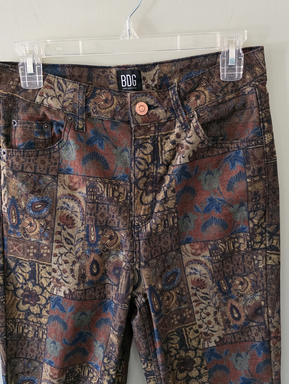 BDG 28 70s Hippie Boho Festival Paisley Tapestry Jacquard Patchwork Flare Jeans - Picture 4 of 16